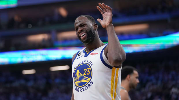 Golden State Warriors forward Draymond Green (23) reacts to a foul call.
